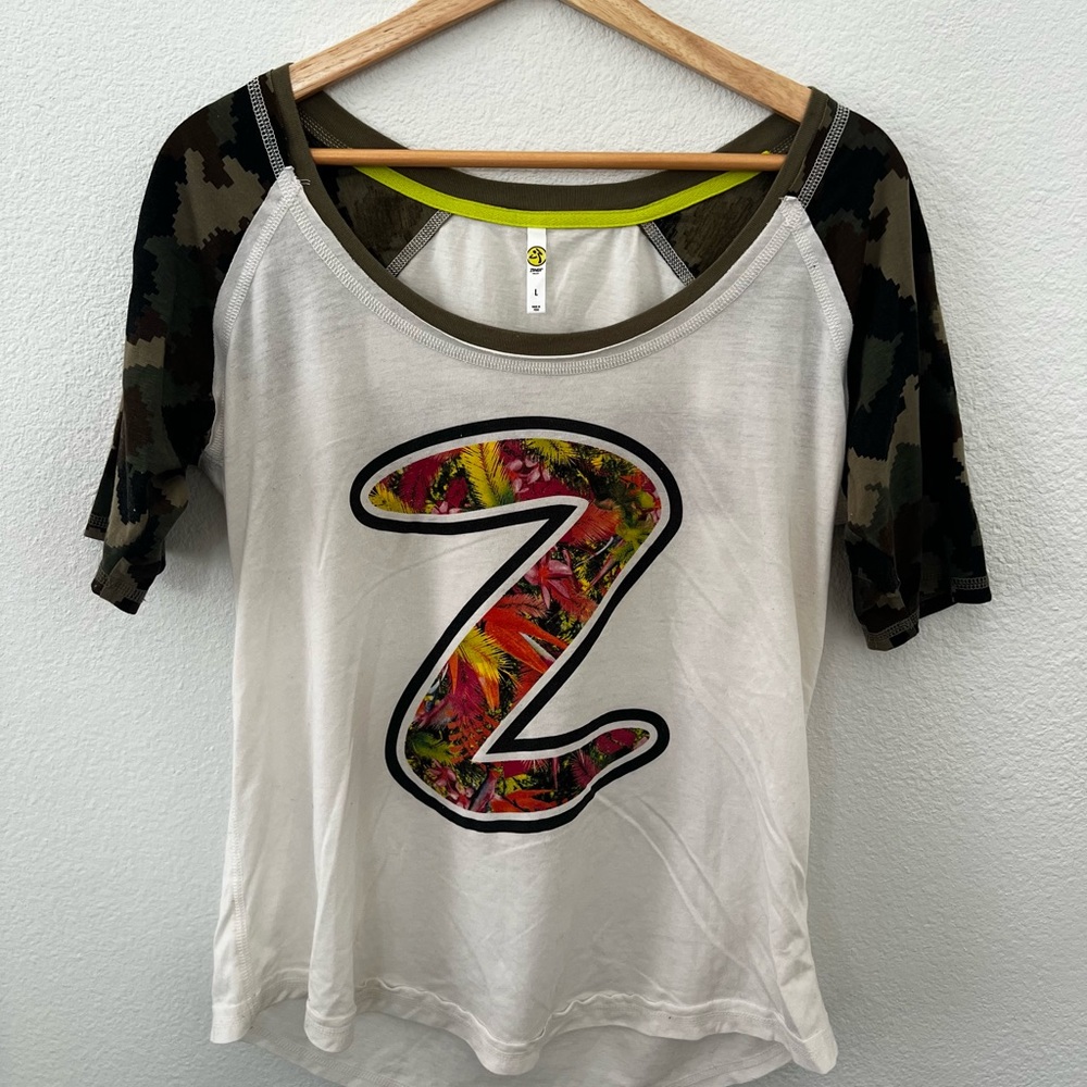 Zumba tee shirt, good condition, large, white & green